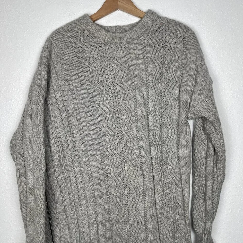 JCREW Size Medium 100% Wool Cable Knit Fisherman Asymmetrical Zip Gray Sweater